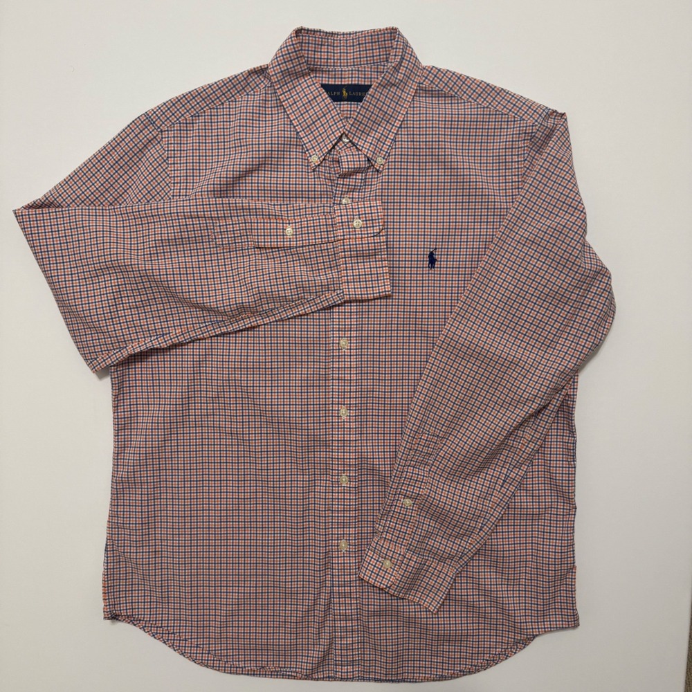 Ralph Lauren Button Down Shirt Mens L Orange Blue Gingham Check Excellent Pony - Picture 2 of 7